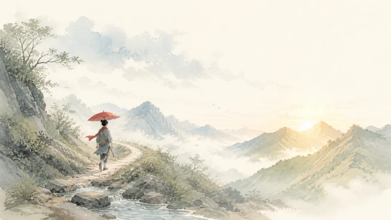 撑红伞的旅行者走过山间溪流石路向雪峰前行