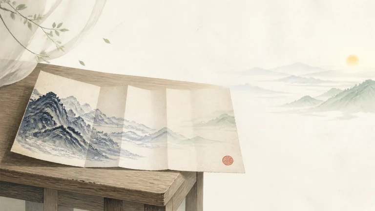 木桌上摊开三幅连续的水墨山水画卷