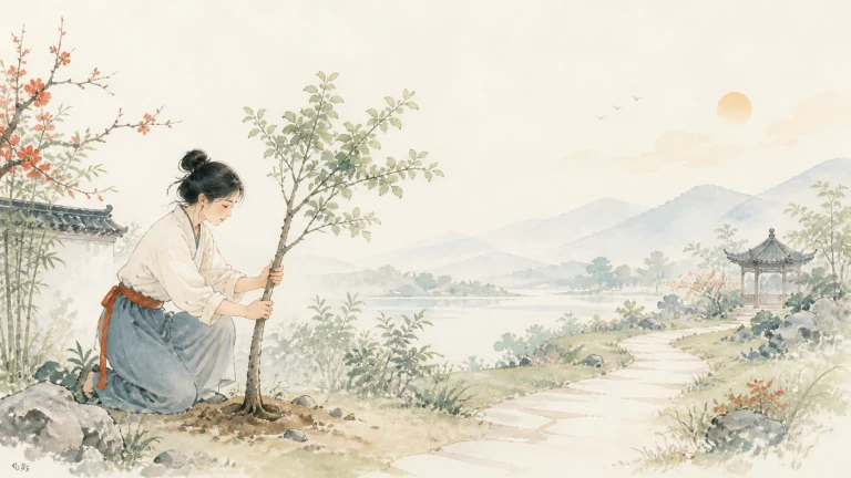 女子在湖山小径旁扶正一株新栽幼树