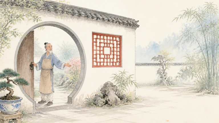 年长男子穿过中式圆形月洞门进入花园