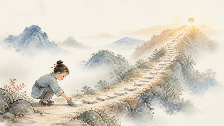 女子俯身修整通向阳光山顶的陡峭石阶
