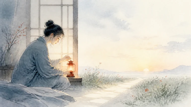 女子坐在夕阳窗前点亮一盏红色小灯