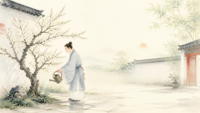 男子在院墙旁提壶浇灌开花的老树