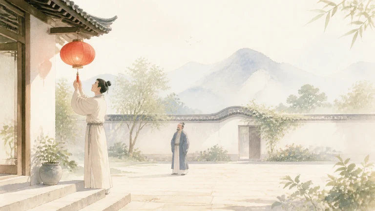 古装女子站在院廊下悬挂红灯笼，远处有人观看