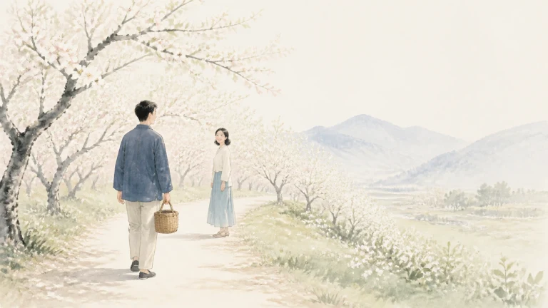 春日乡间小路上两人相隔而立，其中一人提着篮子
