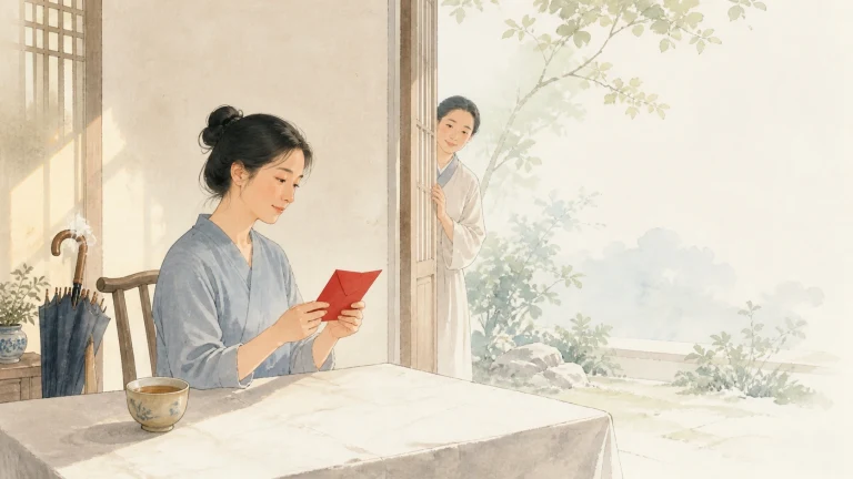 女子在桌边阅读红色信件，另一人从门外探身进入
