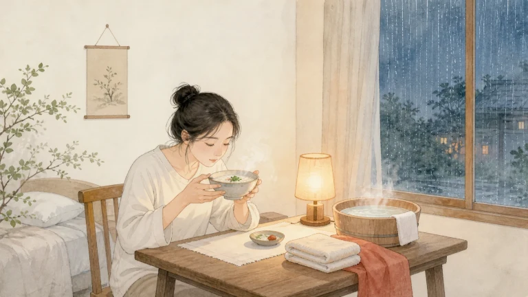 雨夜窗边女子坐在木桌前喝一碗热汤