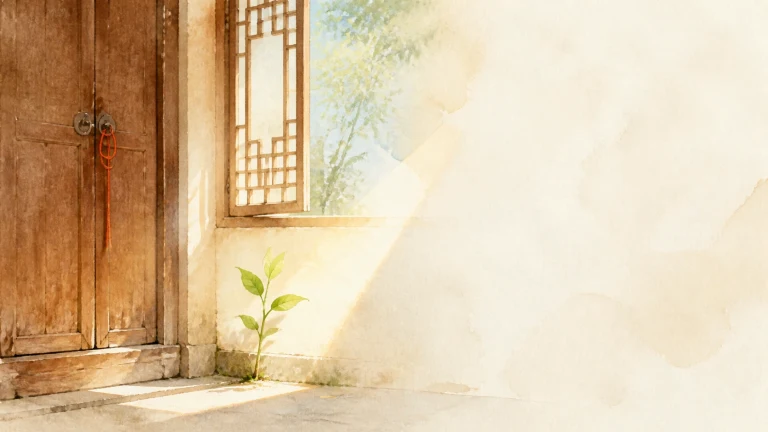 阳光从木门旁花窗照入，墙角一株幼苗迎光生长