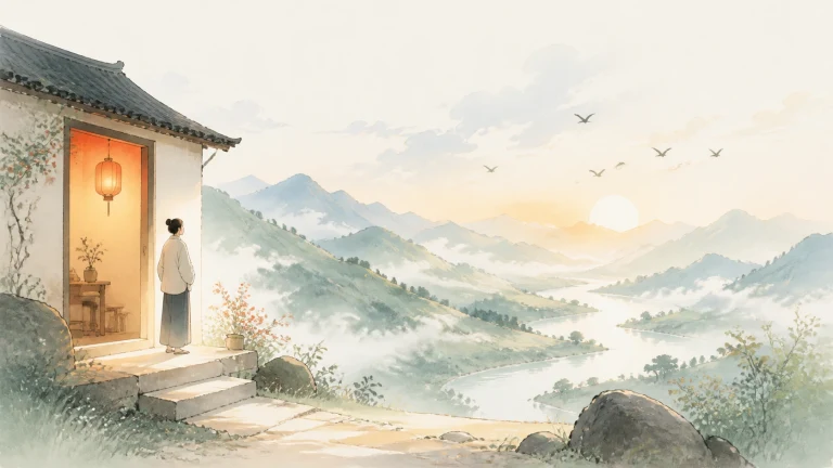 一人站在亮灯山屋门口眺望晨雾群山与飞鸟