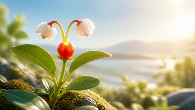 湖景阳光下一株植物开着两朵白花并结有红色圆果