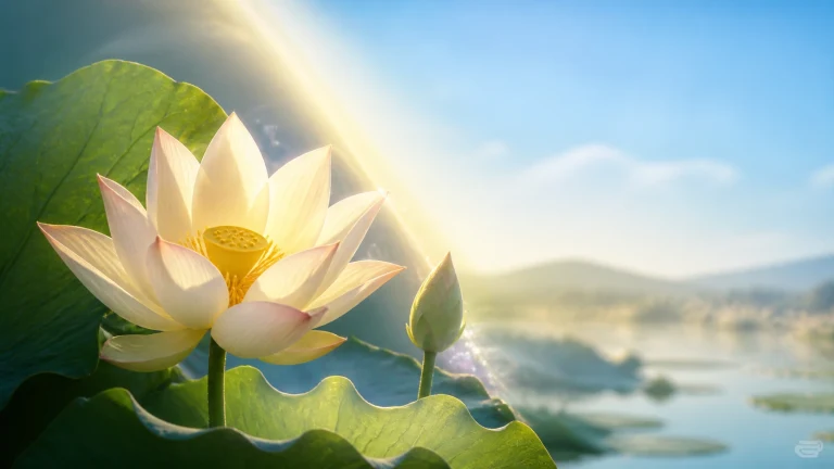 一朵浅粉荷花在湖面绿叶前迎着阳光开放