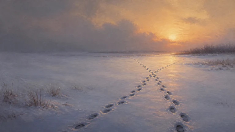 雪地上两串脚印从不同方向相交后各自延伸