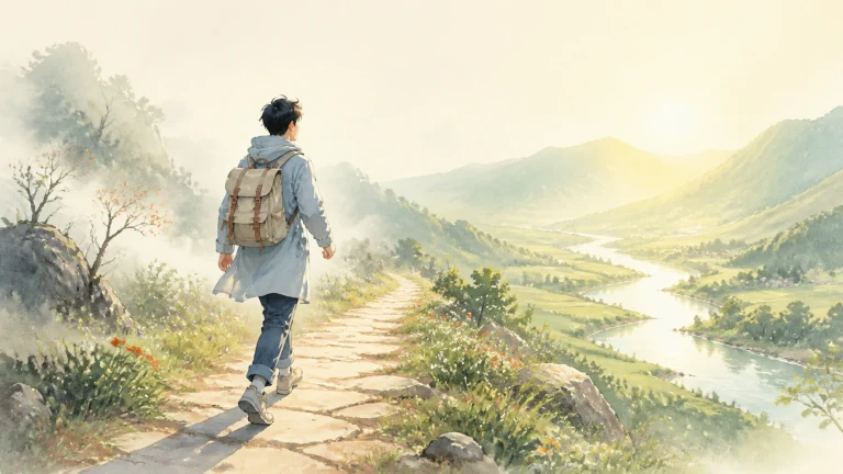 背包客沿阳光石路行走，旁边山谷河流蜿蜒