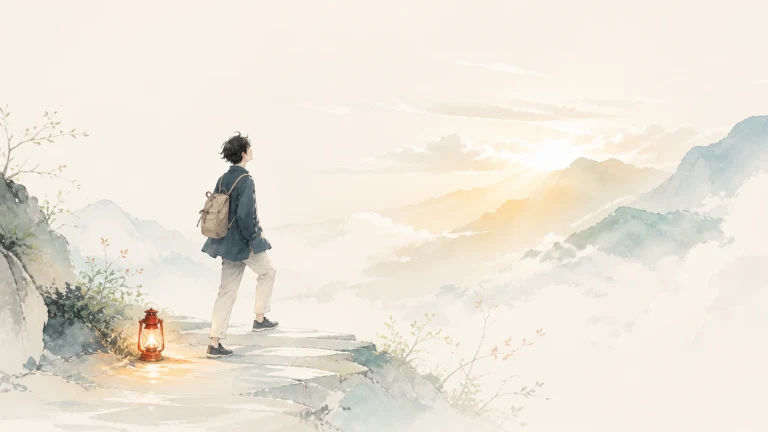 背包客站在云雾山路上眺望夕照群峰，脚边亮着灯笼