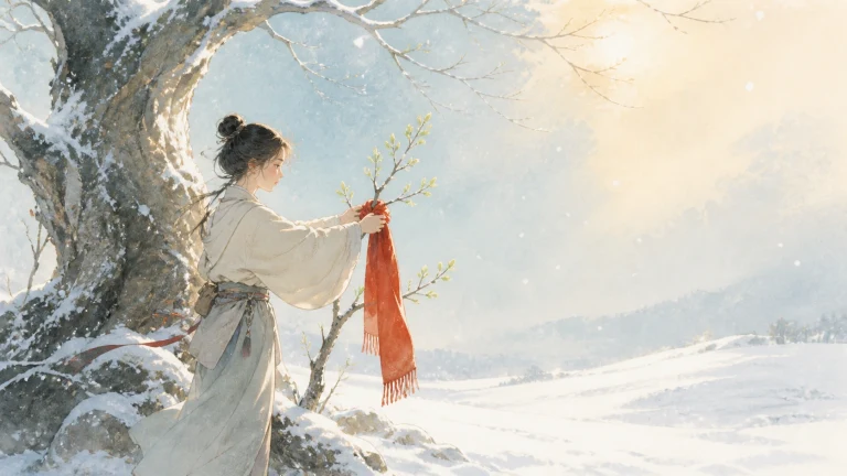 雪地女子在覆霜大树枝头系上一条红围巾