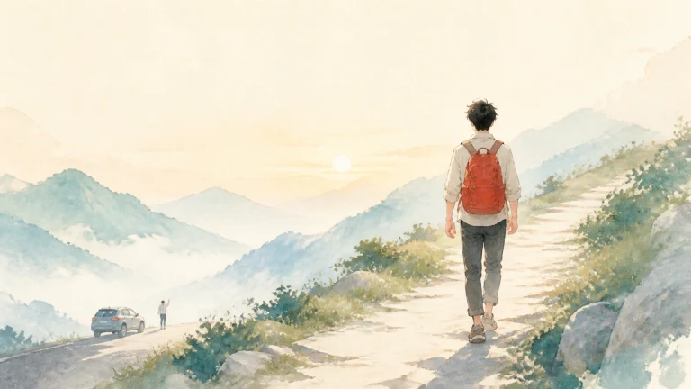 背红色背包的旅行者沿山路走向日出群峰
