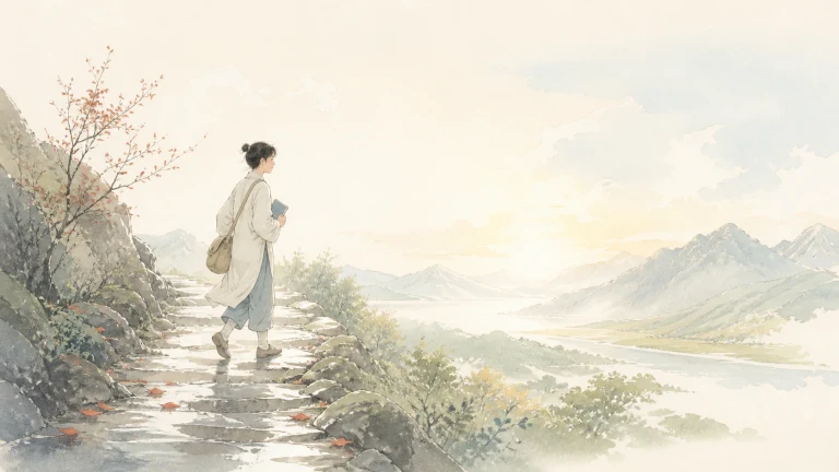 女子走在晨光湖谷的湿润石路上