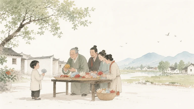 一家人在乡间户外桌旁共同整理彩色花朵
