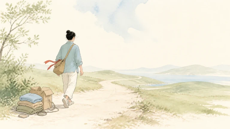 旅行者背向一叠行李沿通往海岸的水彩小路离开