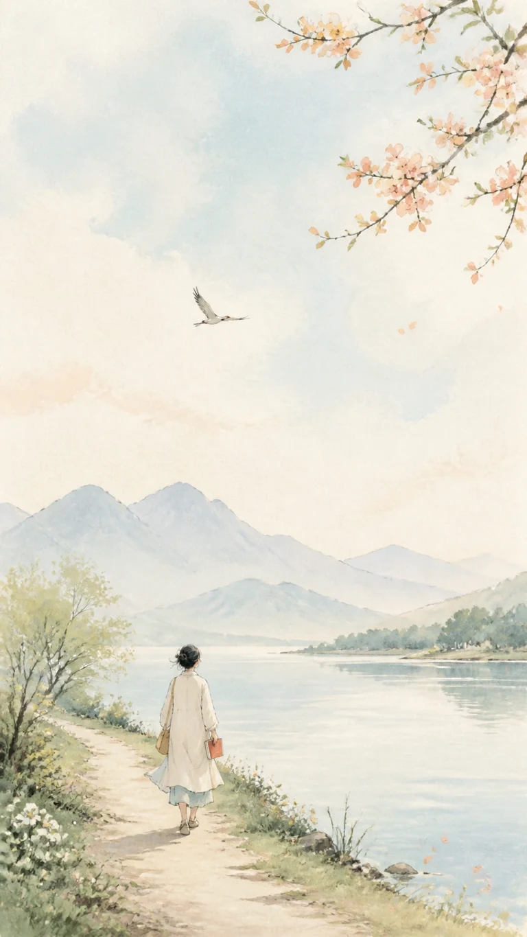 淡彩湖山间一人独自前行并望向飞鸟