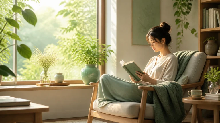 女子坐在阳光窗边扶手椅上阅读绿色书本