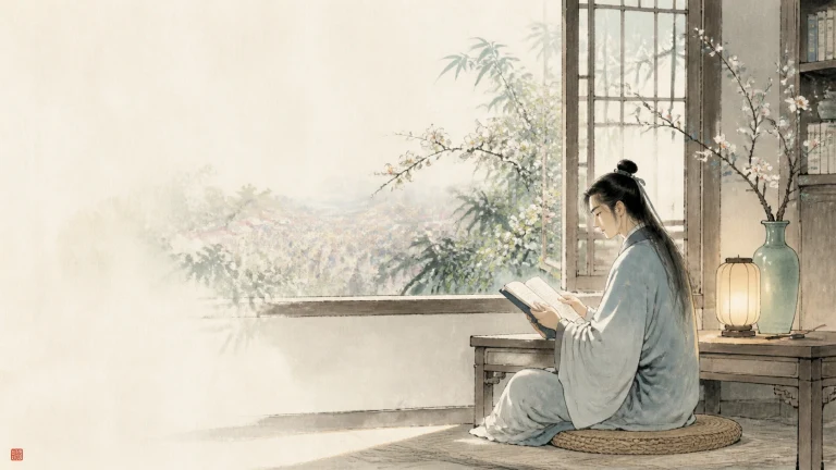 古装女子坐在花枝窗边阅读，桌旁亮着纸灯