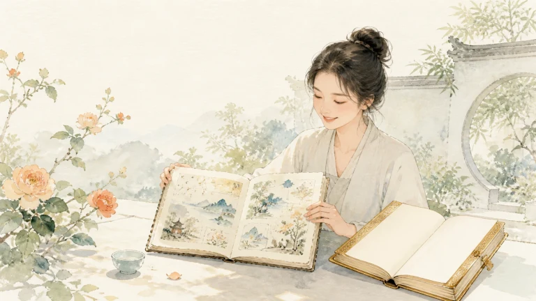 女子坐在花园桌边翻看装有山水照片的相册