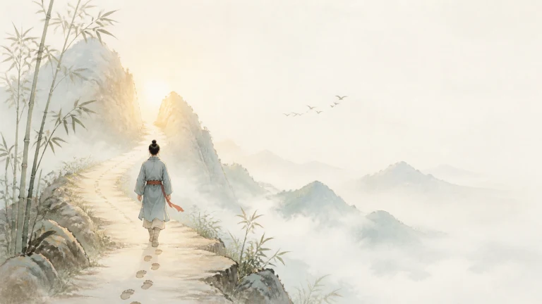 古装旅行者走在竹林云海上方的日出山路
