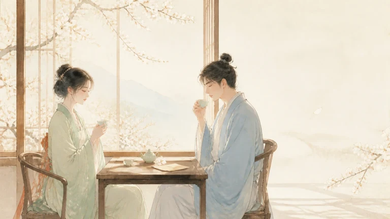 两位古装人物临窗对坐品茶交谈