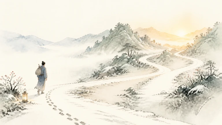 提灯旅人沿雪地脚印走向日出群山