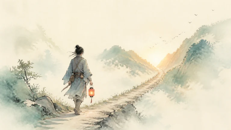蓝衣旅人提着红灯笼走在晨雾山路上