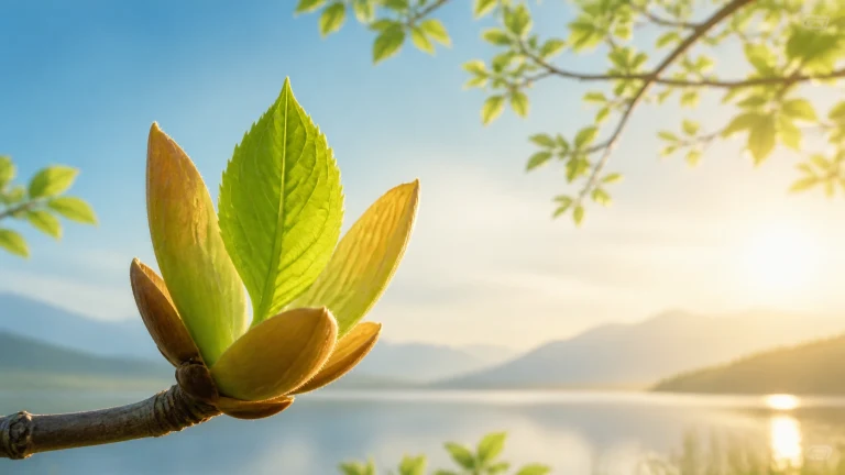 湖山晨光中枝头一枚嫩芽正舒展绿叶