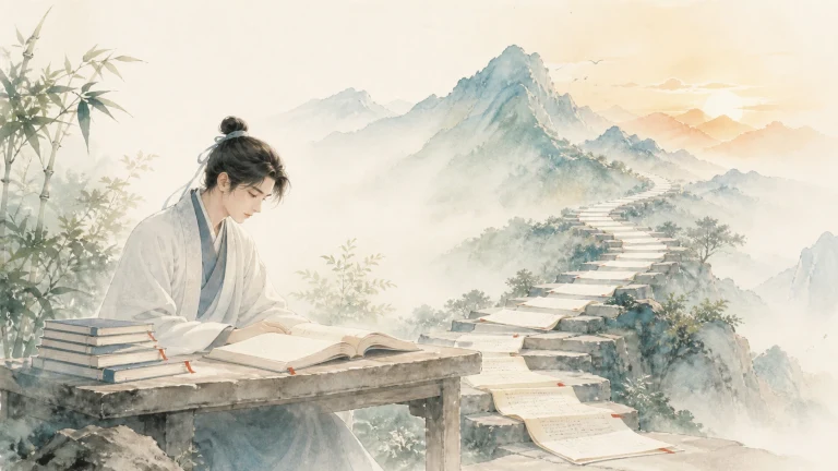 女子伏案读书，书桌旁石阶蜿蜒通向远山