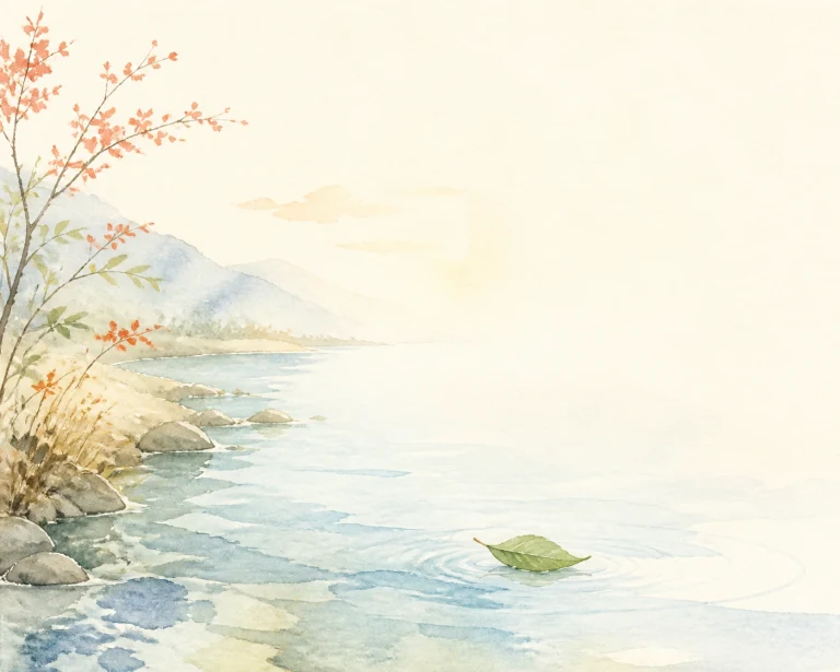 秋日河湾中一片绿叶漂在清澈水面上