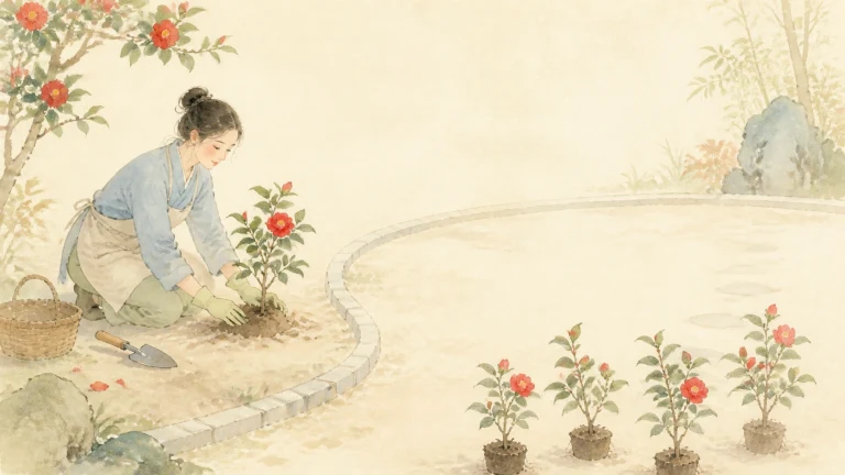 女子在池边移栽红色山茶花苗