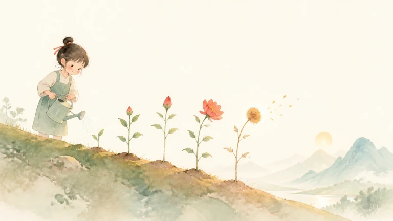 女孩提壶依次浇灌一排不同生长阶段的花苗