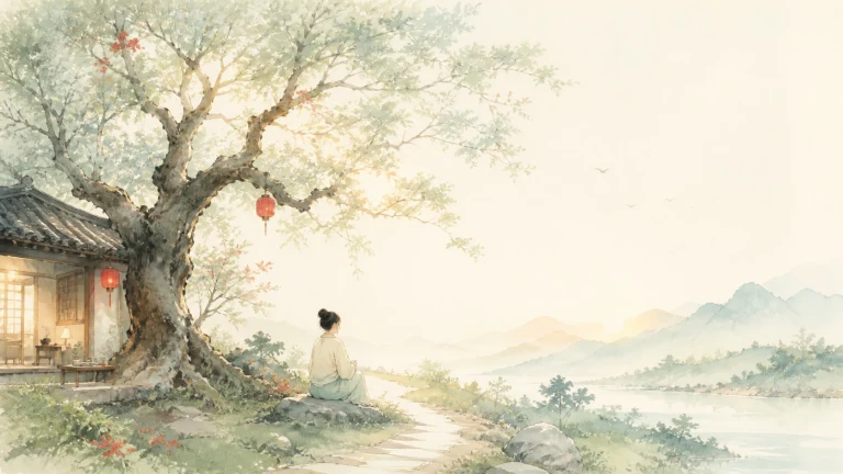 古树红灯笼旁一人坐在山水庭院中休憩