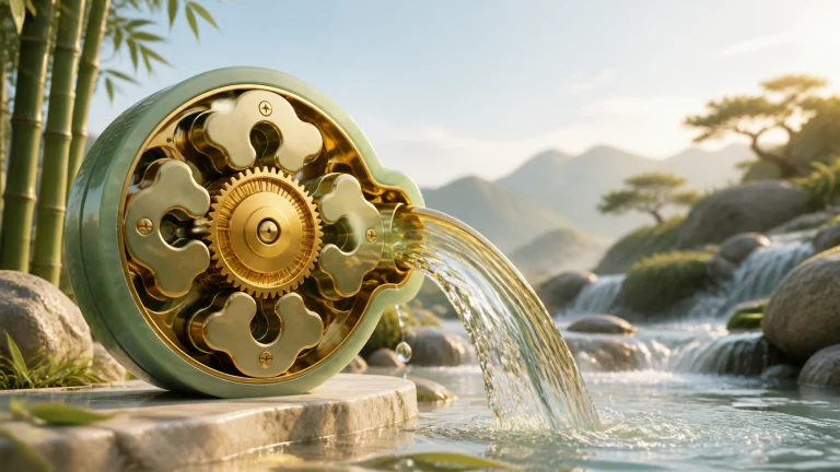竹石溪流旁雕花圆形水轮持续向外送水