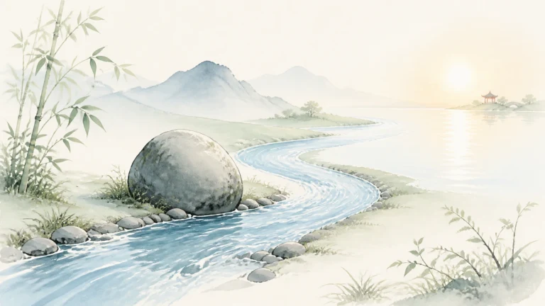 溪水绕过岸边巨石流向晨光中的湖面