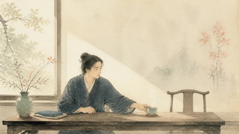 黑衣男子坐在窗边木案前看向一杯茶