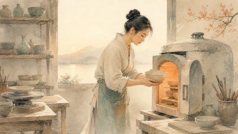 陶艺女子把碗坯放入发着橙光的窑炉