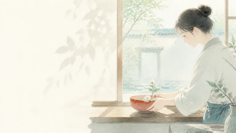 女子在窗边照料红色花盆中的幼苗