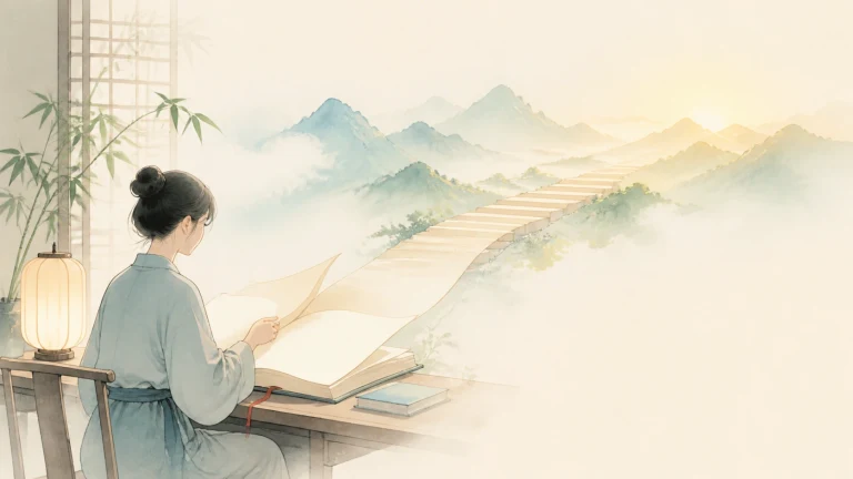 女子临窗翻阅大书，书页化作通向群山的长路