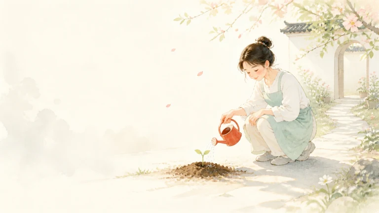 女孩蹲在庭院中为刚发芽的小苗浇水