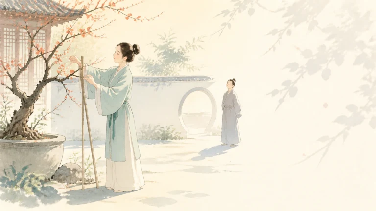女子在院中修剪红花树枝，远处有人经过月洞门
