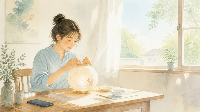 女子坐在窗边桌前手工制作圆形纸灯