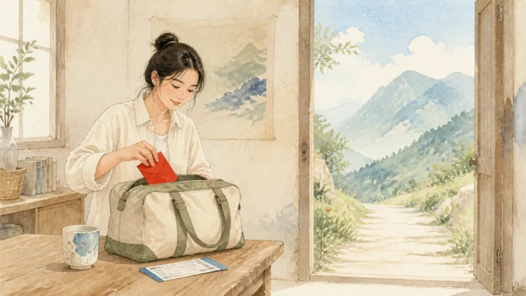 旅行女子在山间屋内把红色衣物装进行李袋