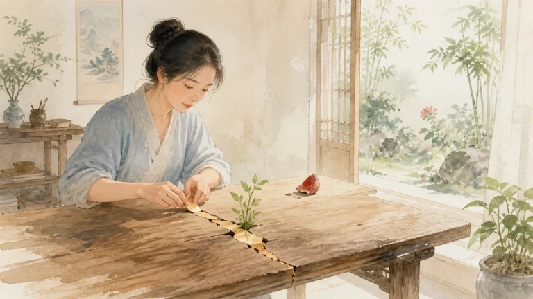女子在木桌上串联一排彩色方片，旁边停着红蝶