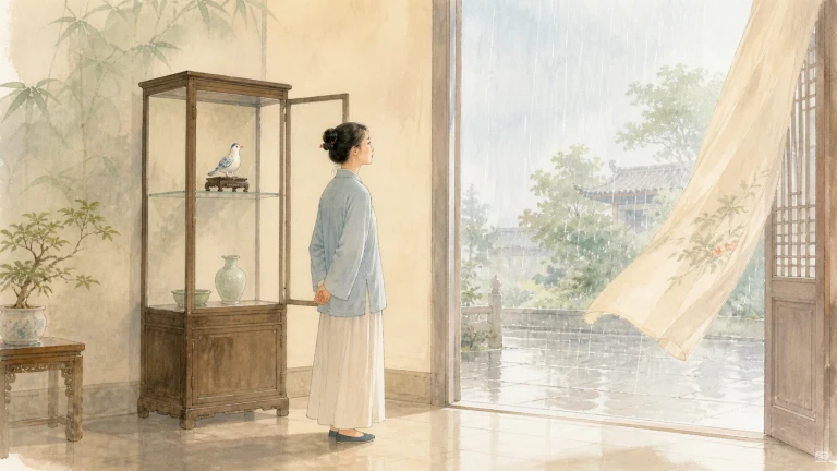 女子站在敞开门窗旁看着架上的小鸟和风吹窗帘