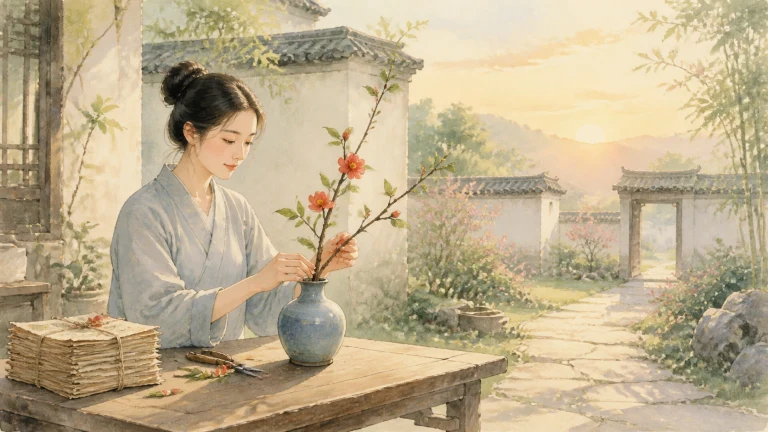 女子在庭院书桌前把红花枝插入青色花瓶